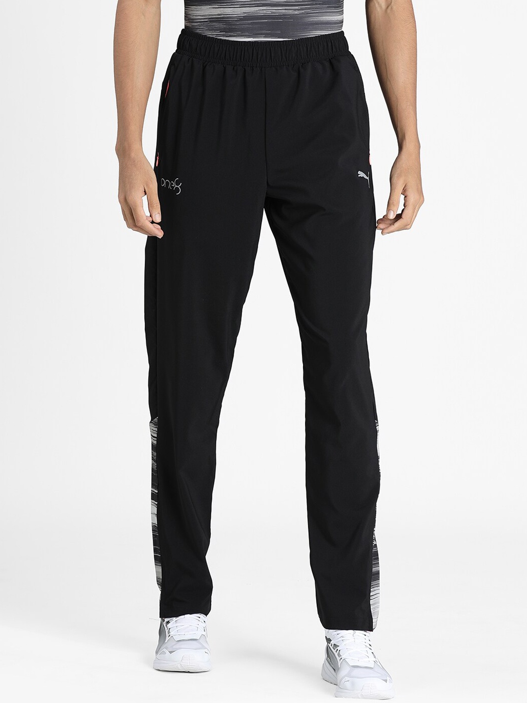 

one8 x PUMA Men Black & Grey Melange Active Woven Straight-Fit Track Pants
