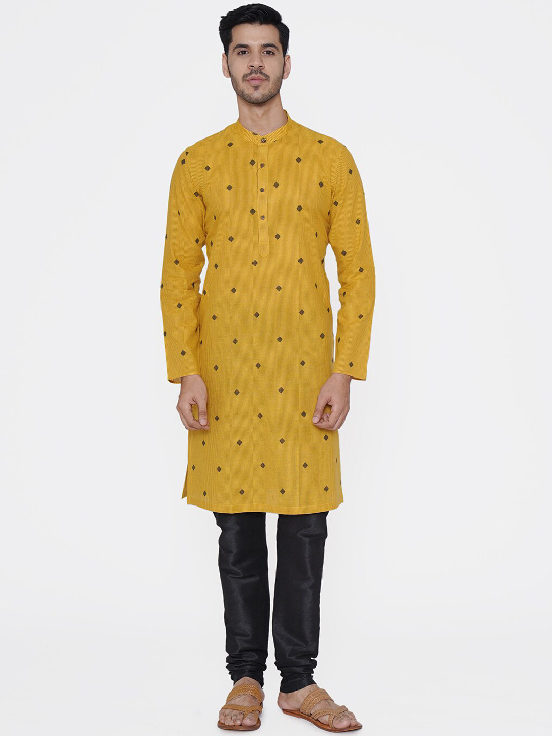 

Manyavar Men Yellow Striped Straight Kurta