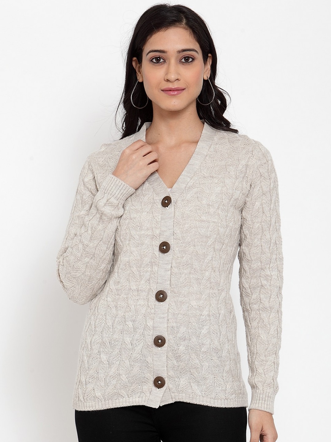 

Kalt Women Beige Self Design Cardigan Sweater