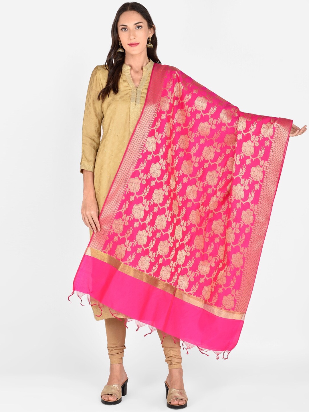 Dupatta Bazaar Pink & Gold-Toned Woven Design Dupatta