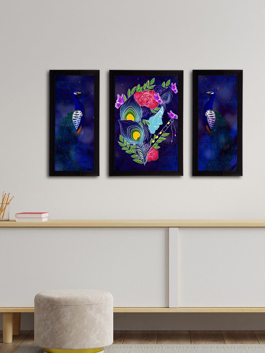 

eCraftIndia Set of 3 Blue Lord Krishna Satin Matt Texture UV Art Paintings
