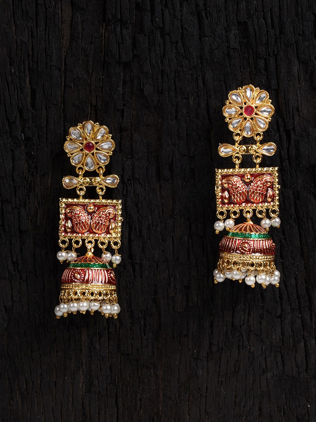 

Shoshaa Red Gold-Plated Enamelled Classic Jhumkas