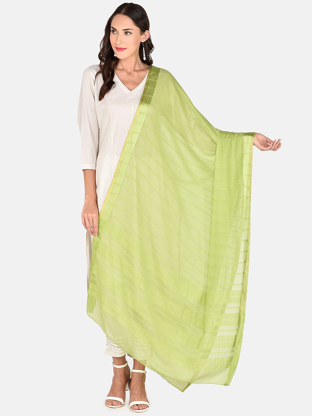 

Dupatta Bazaar Olive Green & Gold-Toned Striped Dupatta