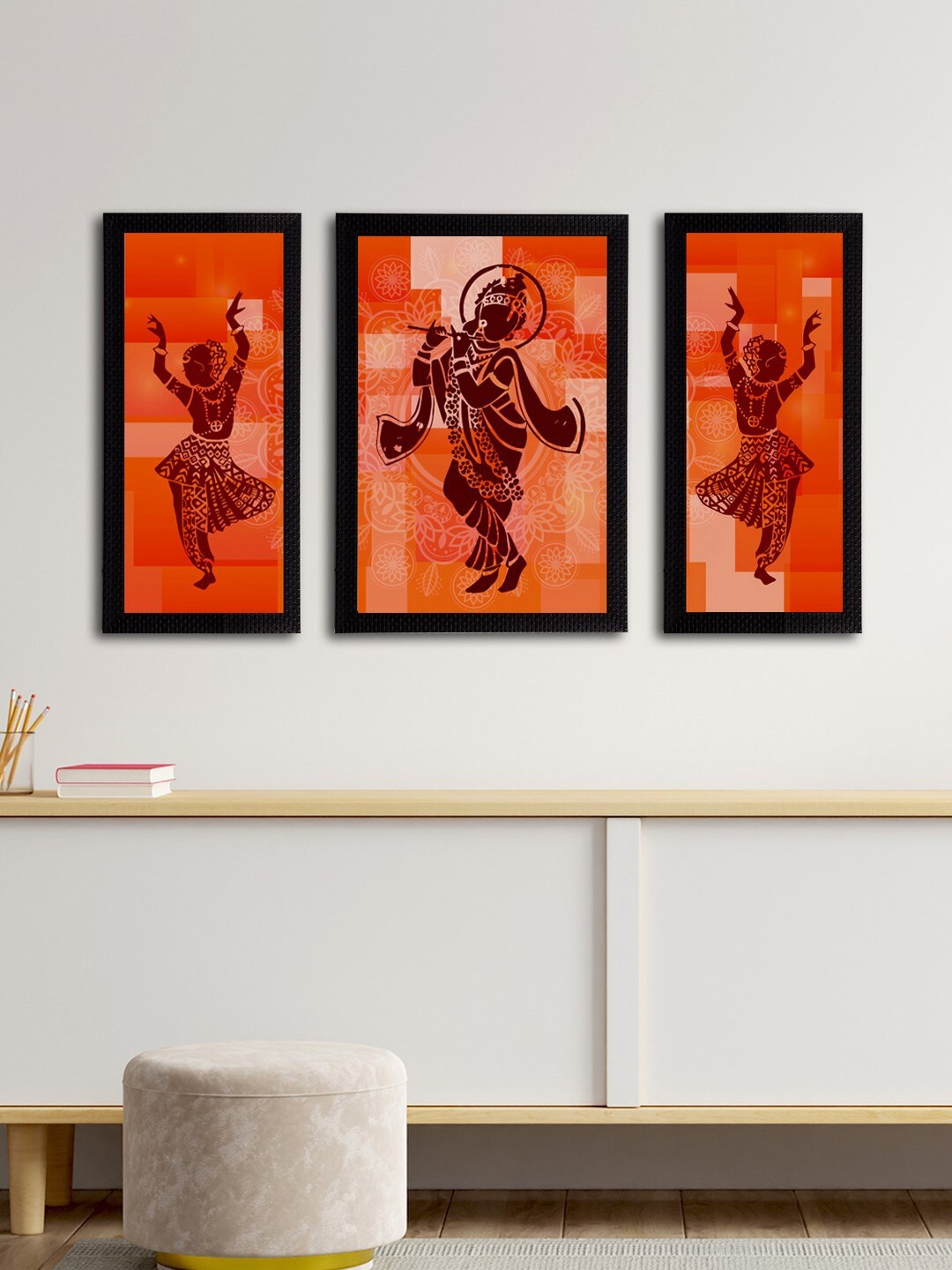 

eCraftIndia 3-Panelled Orange Lord Krishna & Dancing Ladies Satin Matt UV Wall Art
