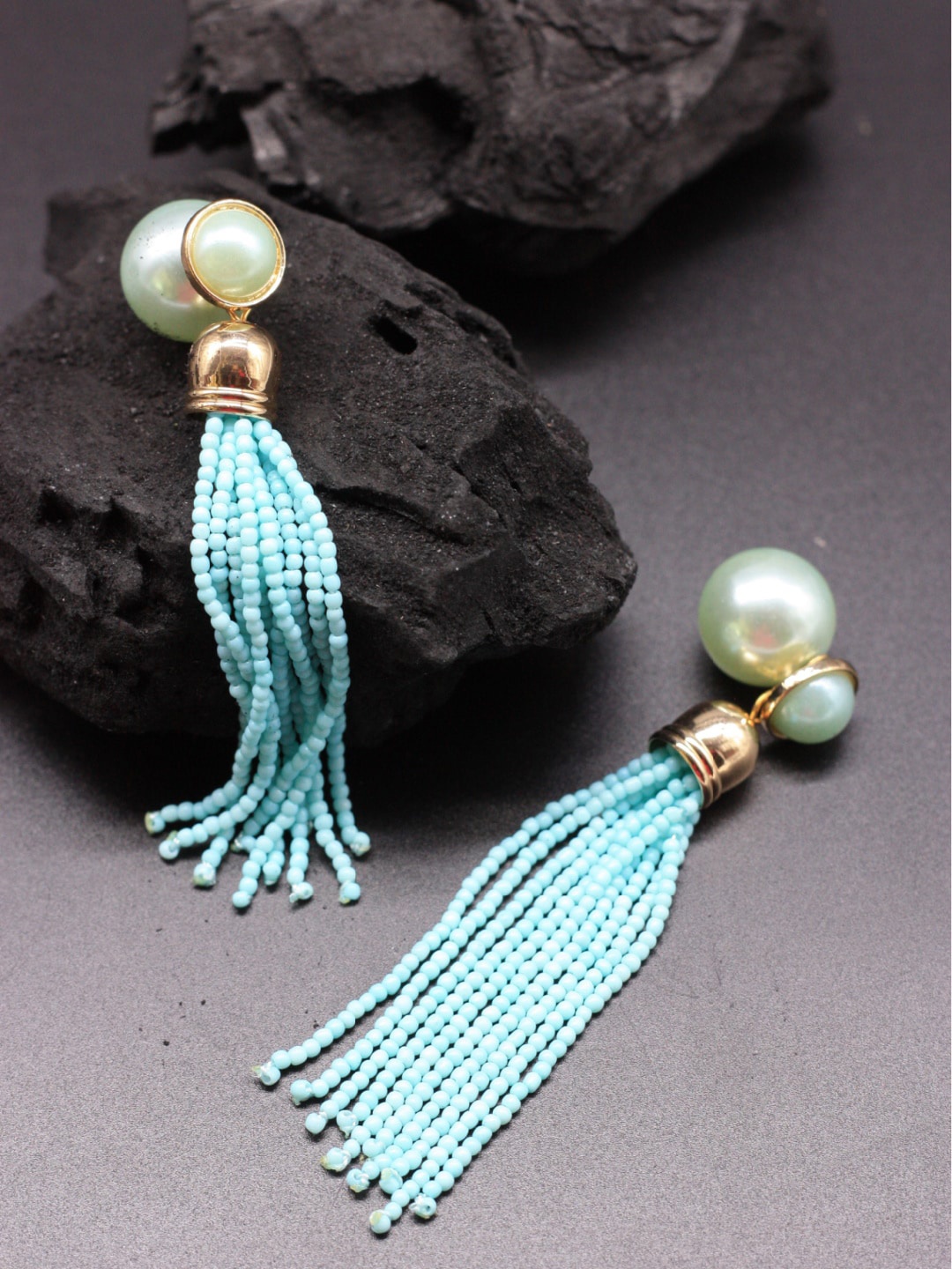 ChicMela Gold-Plated & Blue Tassel Contemporary Drop Earrings