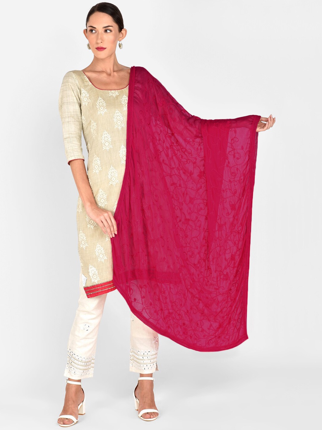 Dupatta Bazaar Fuchsia Pink Embroidered Dupatta