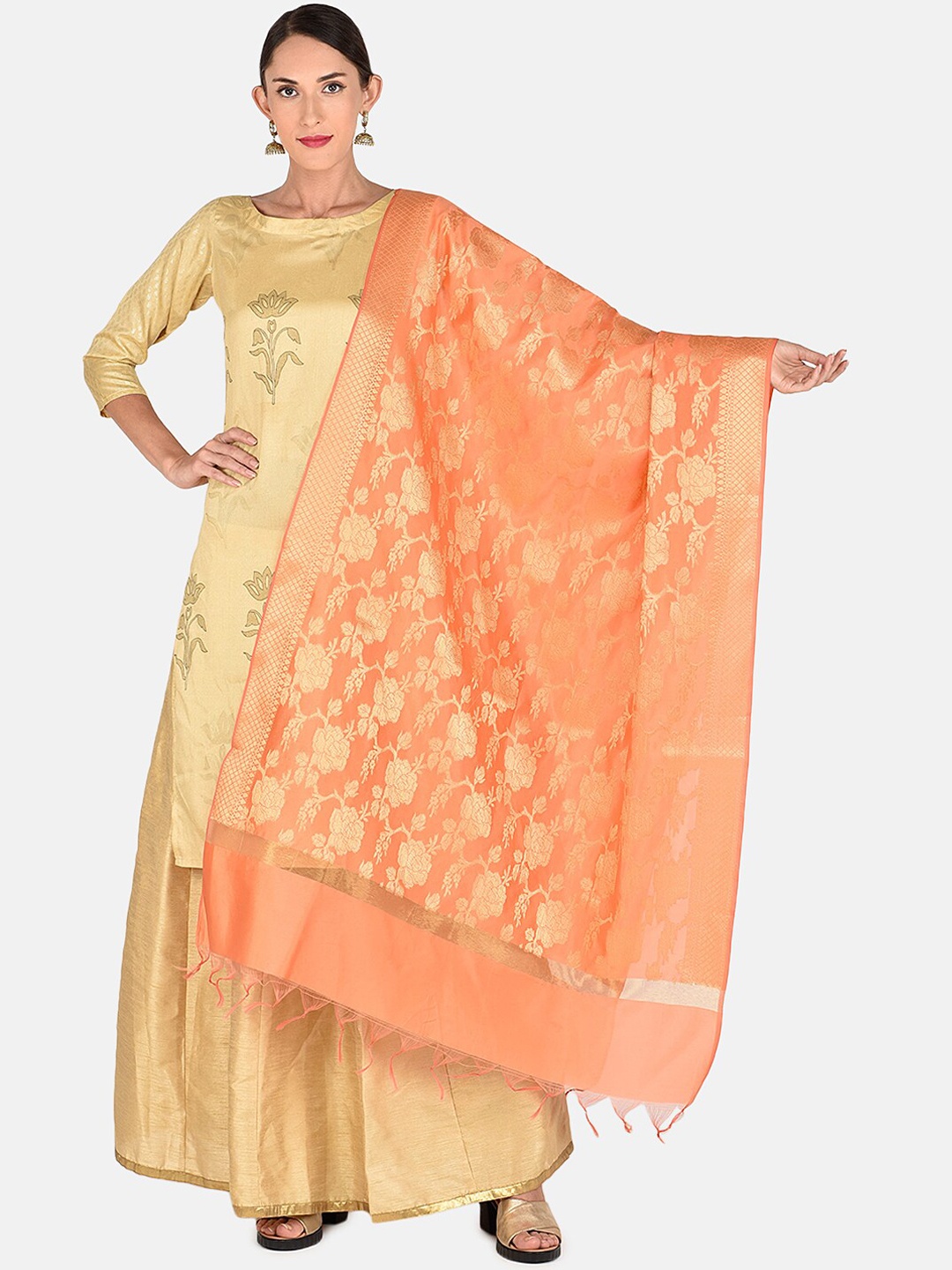 

Dupatta Bazaar Peach-Coloured & Gold-Toned Woven Design Dupatta