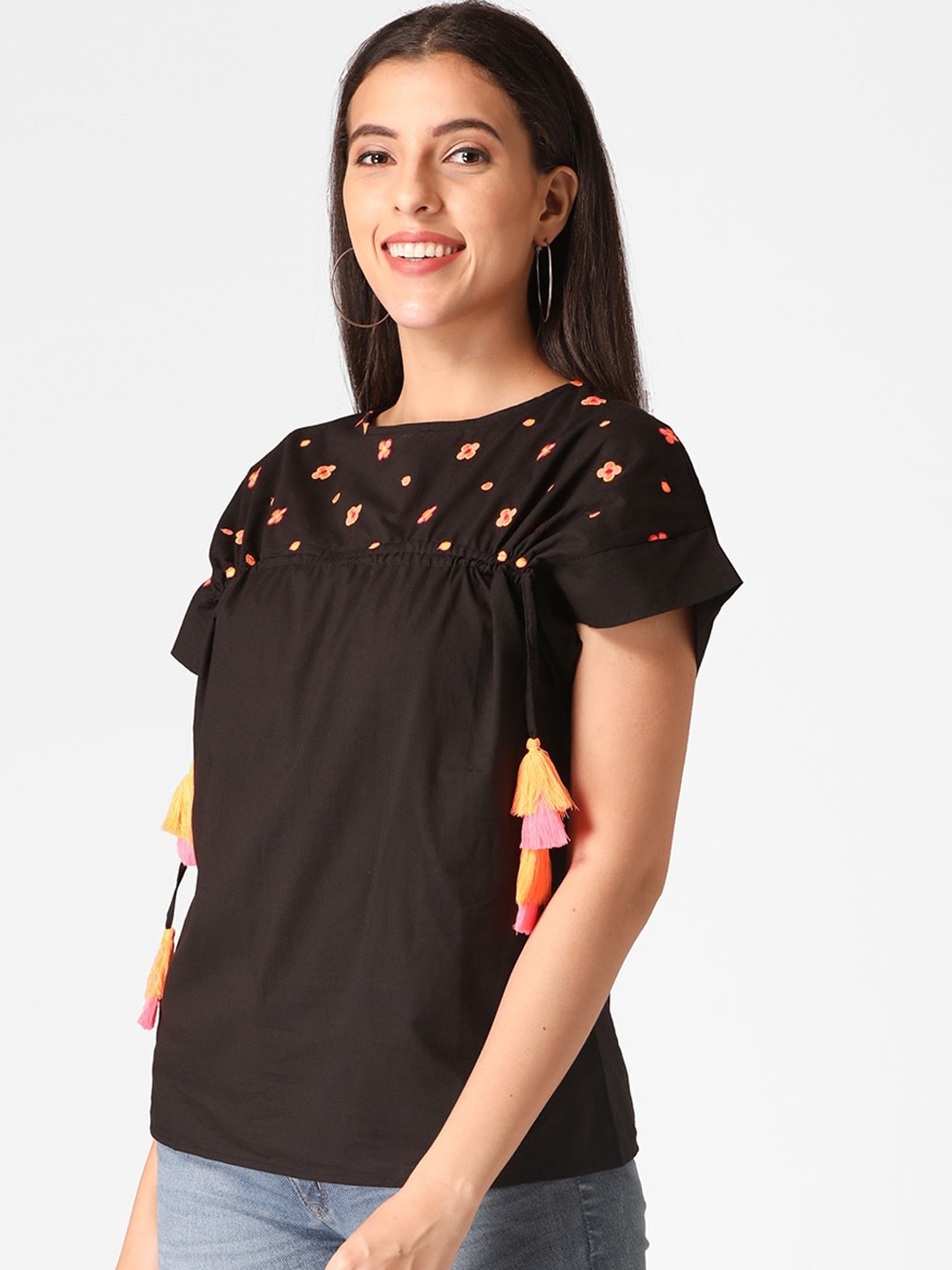 

DIVA WALK EXCLUSIVE Women Black & Peach Embroidered Top