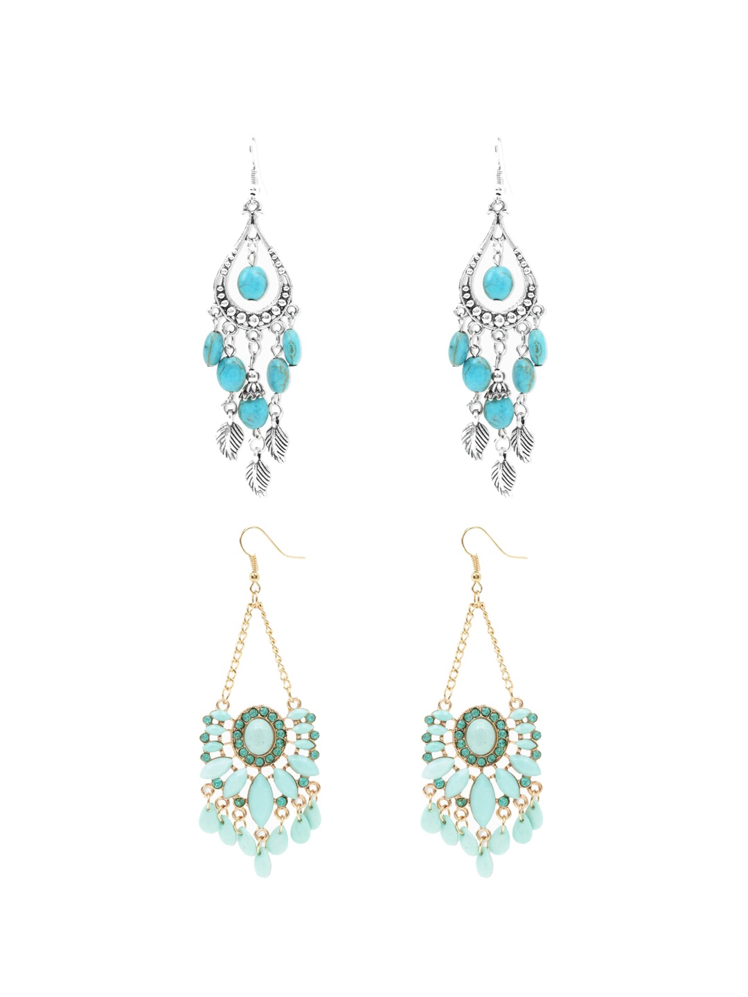 

Yellow Chimes Set of 2 Green & Turquoise Blue Oxidised Contemporary Drop Earrings