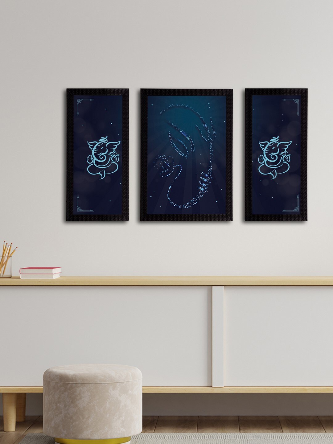 eCraftIndia Set of 3 Blue Radha Krishna Satin Matt Textured UV Wall Arts