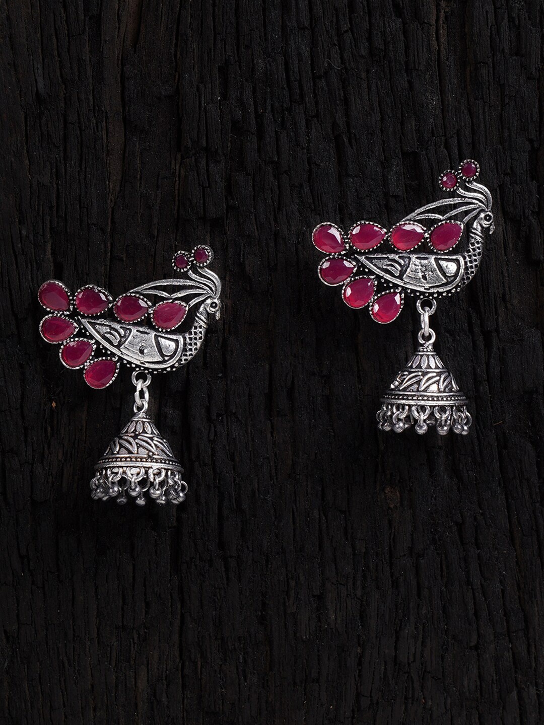 

Shoshaa Silver-Plated & Magenta Oxidised Peacock Shaped Jhumkas