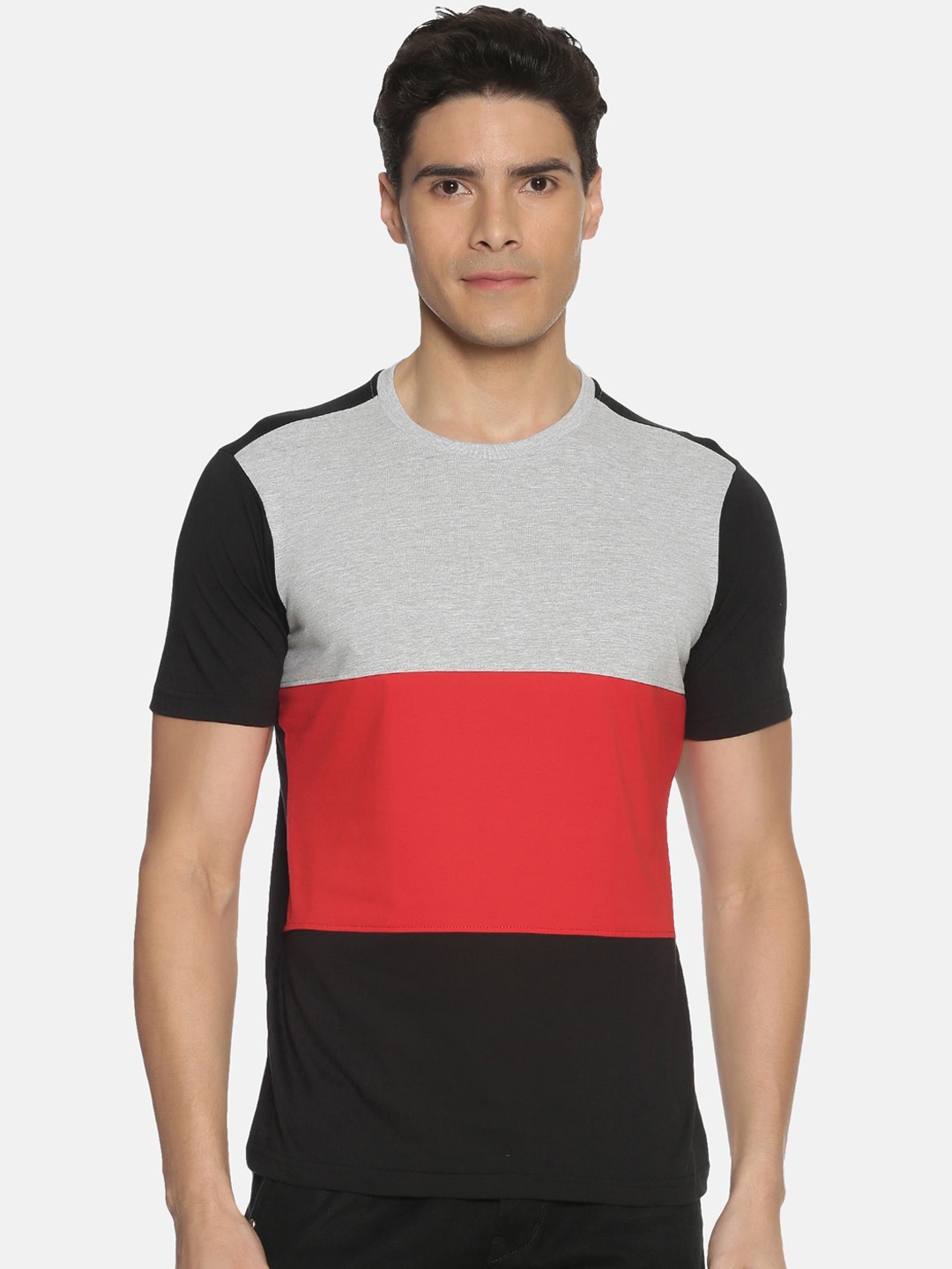 

IVOC Men Grey Red Colourblocked Round Neck Pure Cotton T-shirt