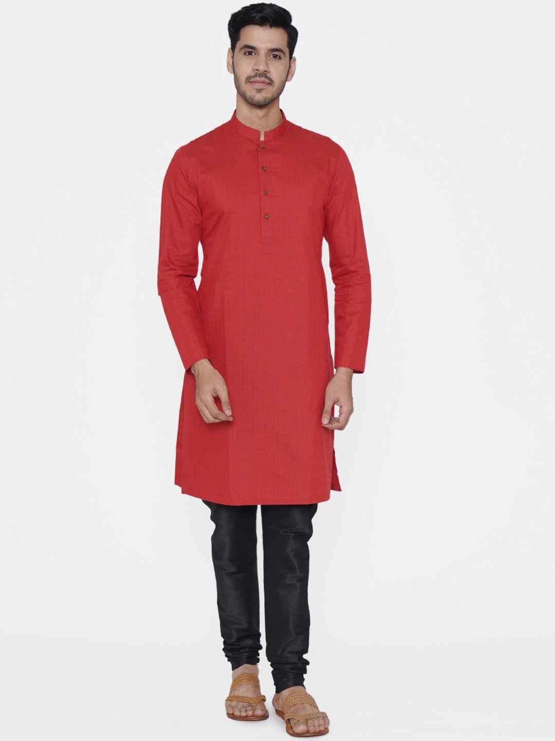 Manyavar Men Red Self Striped Straight Kurta