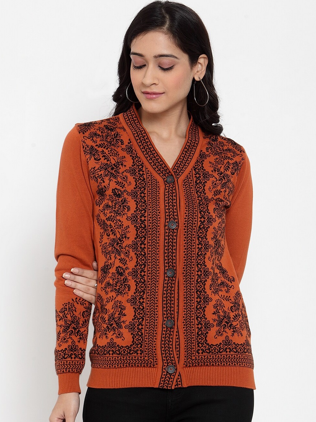 

Kalt Women Rust Orange Self Design Cardigan Sweater