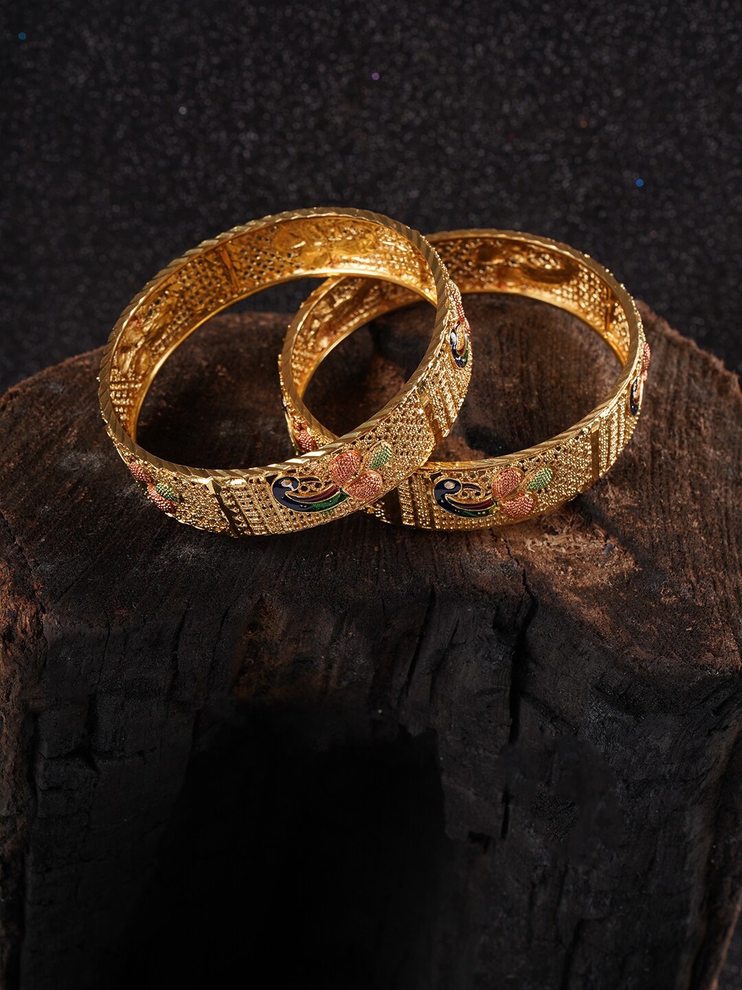 

Shoshaa Set of 2 Multicolored Golden Plated Meenakari With Peacock And Cut Out Detail Bangle, Multi