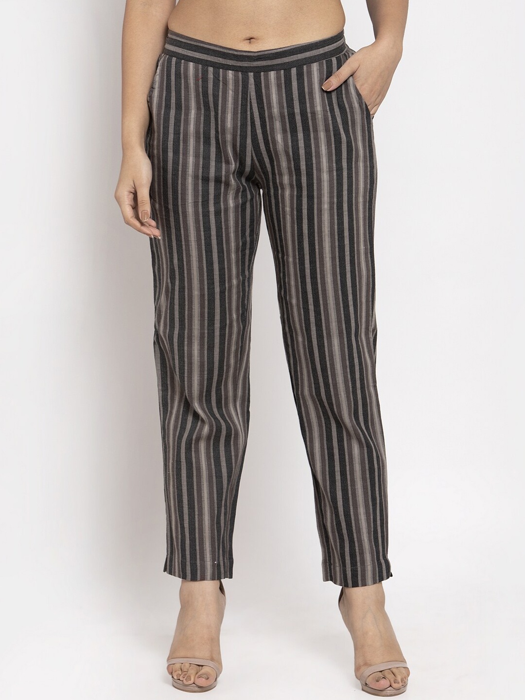 

RAISIN Women Grey & Black Regular Fit Striped Regular Trousers