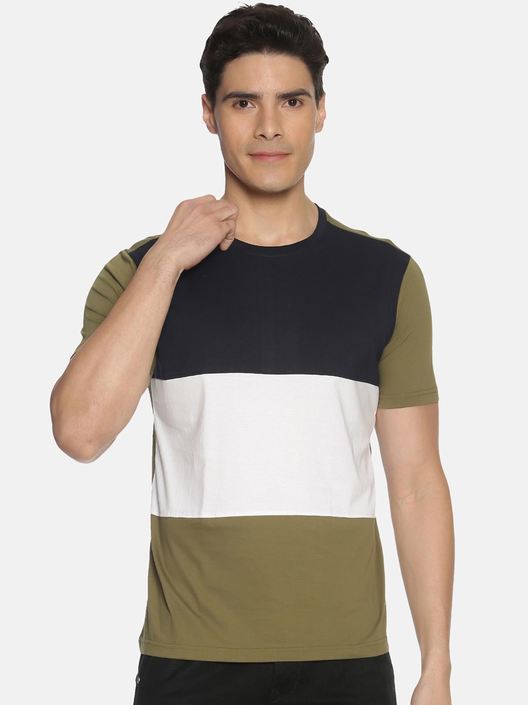 IVOC Men Olive Green White Colourblocked Round Neck Pure Cotton T-shirt