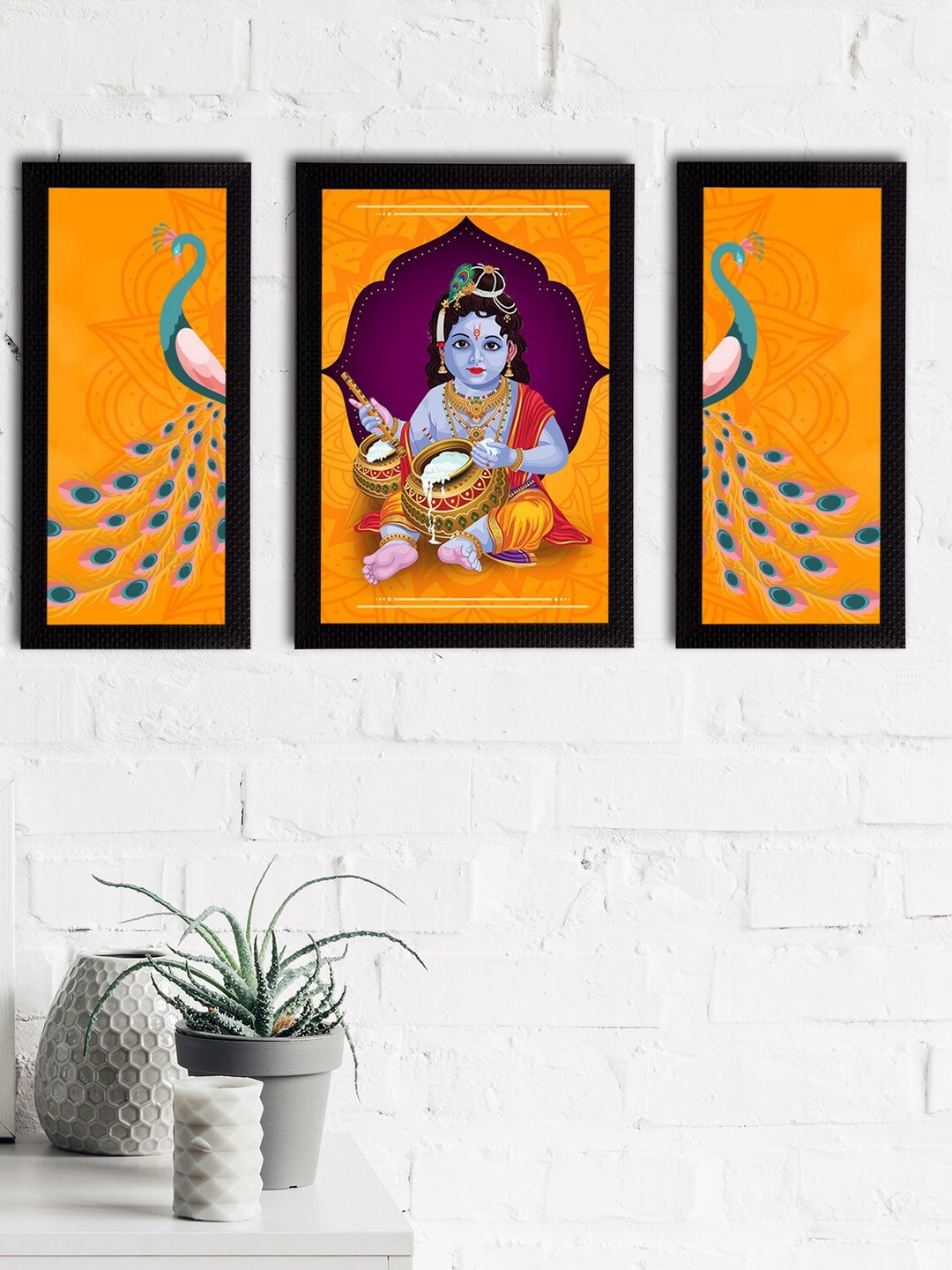 

eCraftIndia Set of 3 Orange & Purple Satin Matt Texture Lord Krishna UV Wall Arts