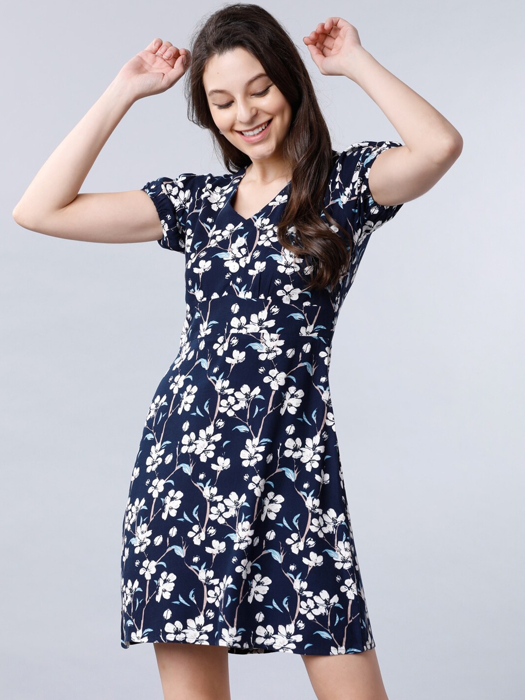 

Tokyo Talkies Women Navy Blue Floral Printed A-Line Dress