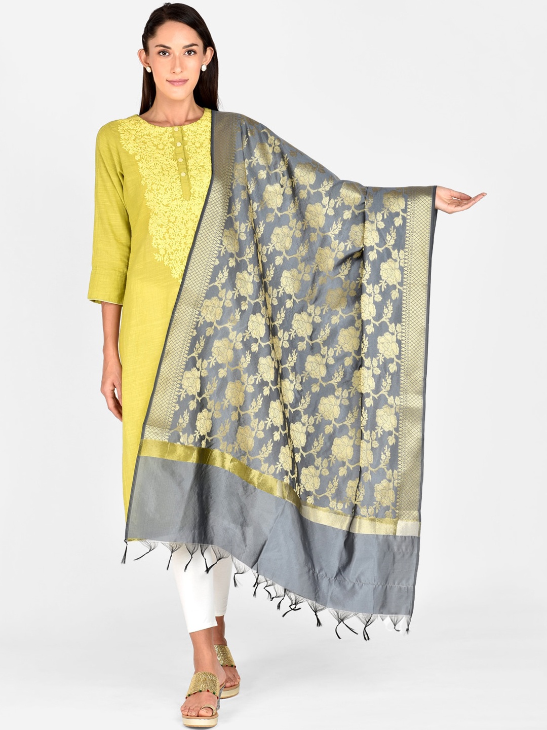 

Dupatta Bazaar Grey & Gold-Toned Woven Design Dupatta