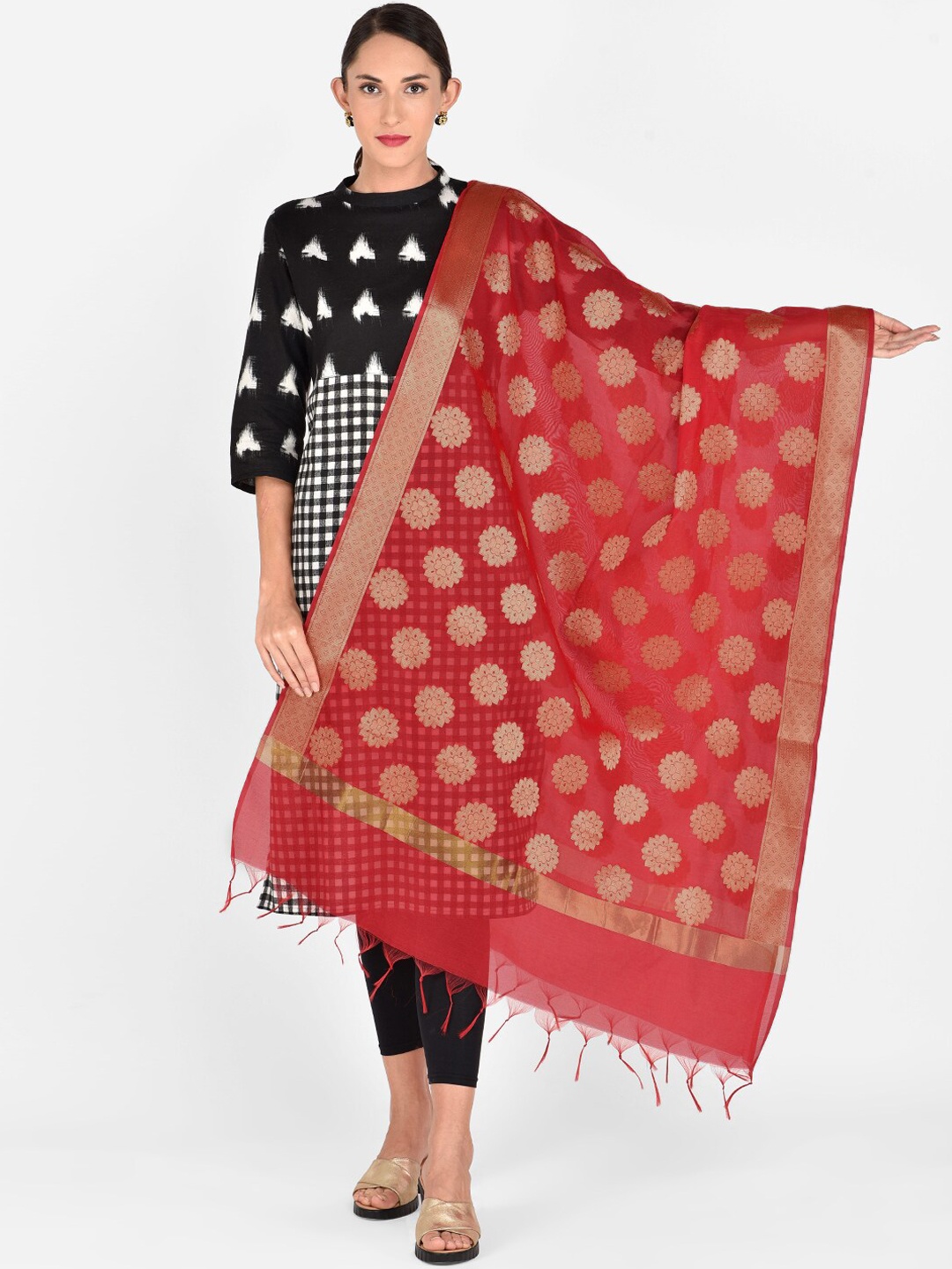 

Dupatta Bazaar Red & Gold-Toned Woven Design Dupatta