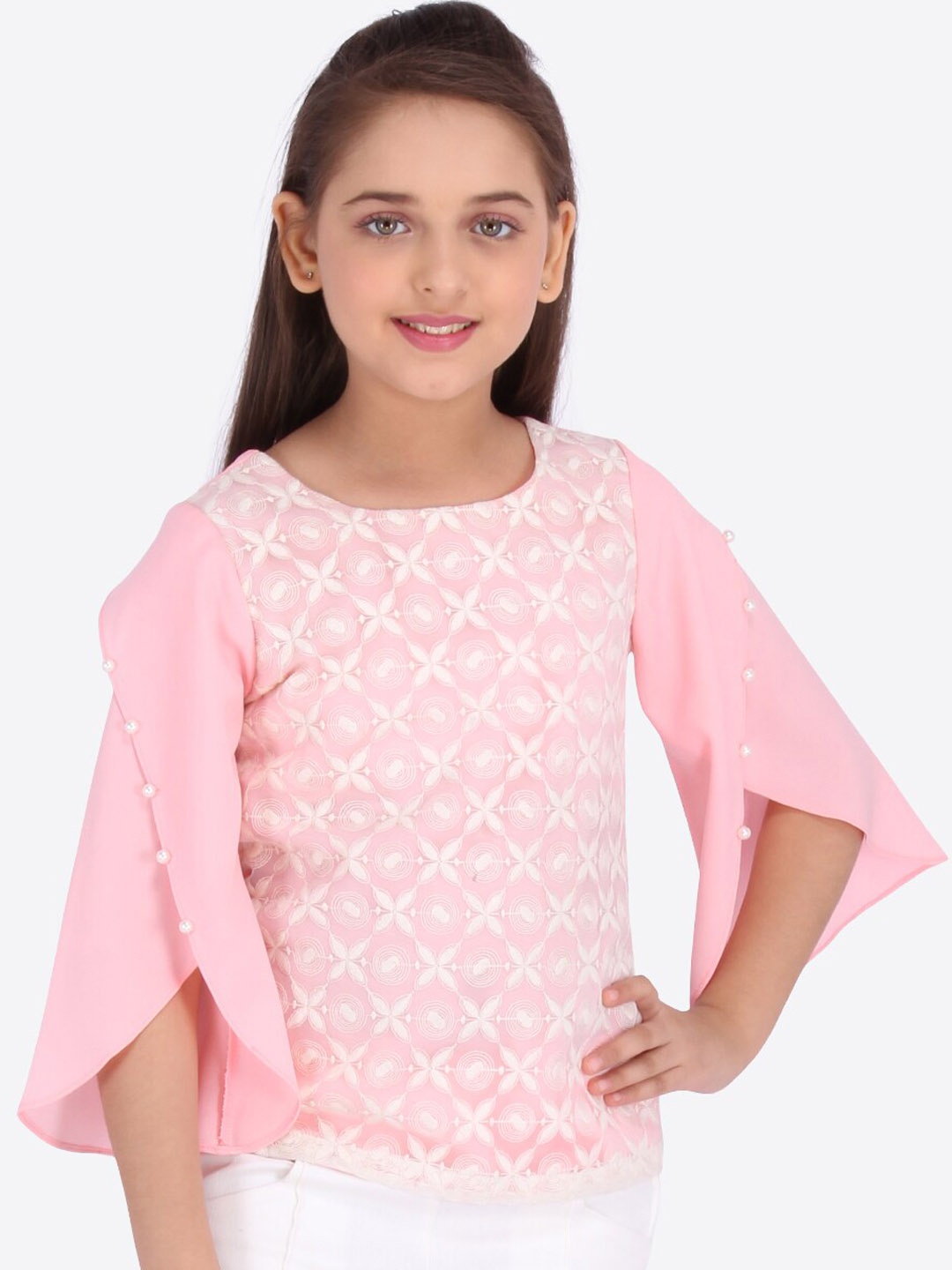 

CUTECUMBER Girls Pink & Off-White Embroidered Top