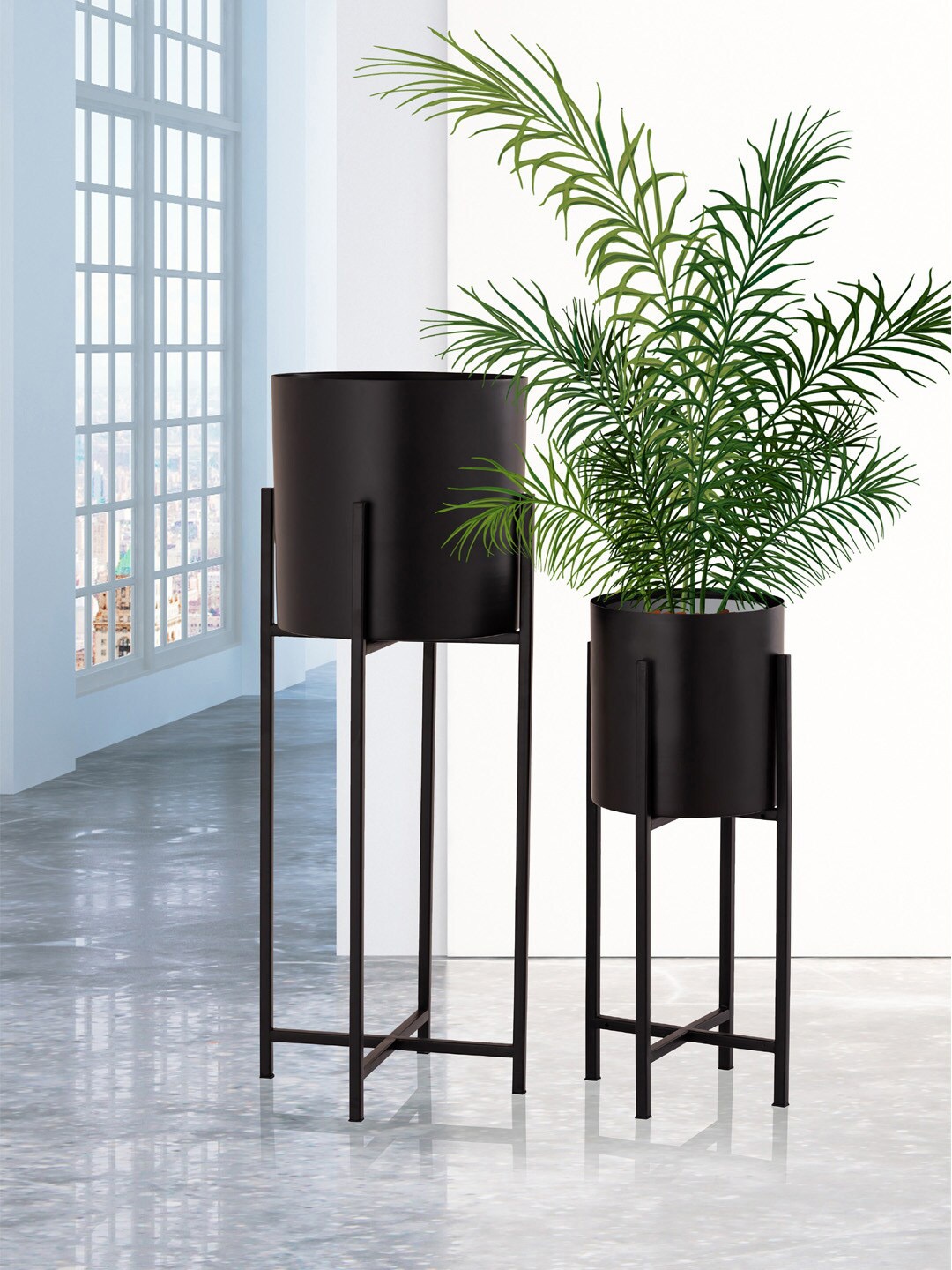 

Aapno Rajasthan Black Set of 2 Solid Planters with Stand
