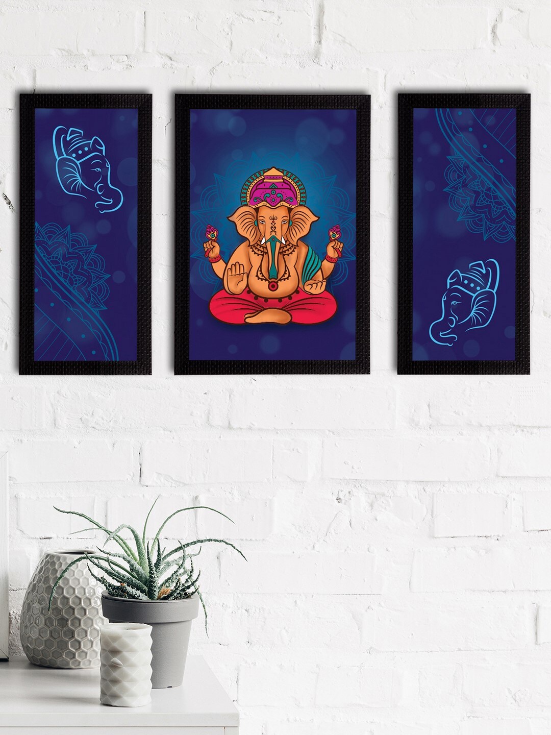 

eCraftIndia Set of 3 Black & Blue Lord Ganesha Satin Matt Texture UV Art Paintings