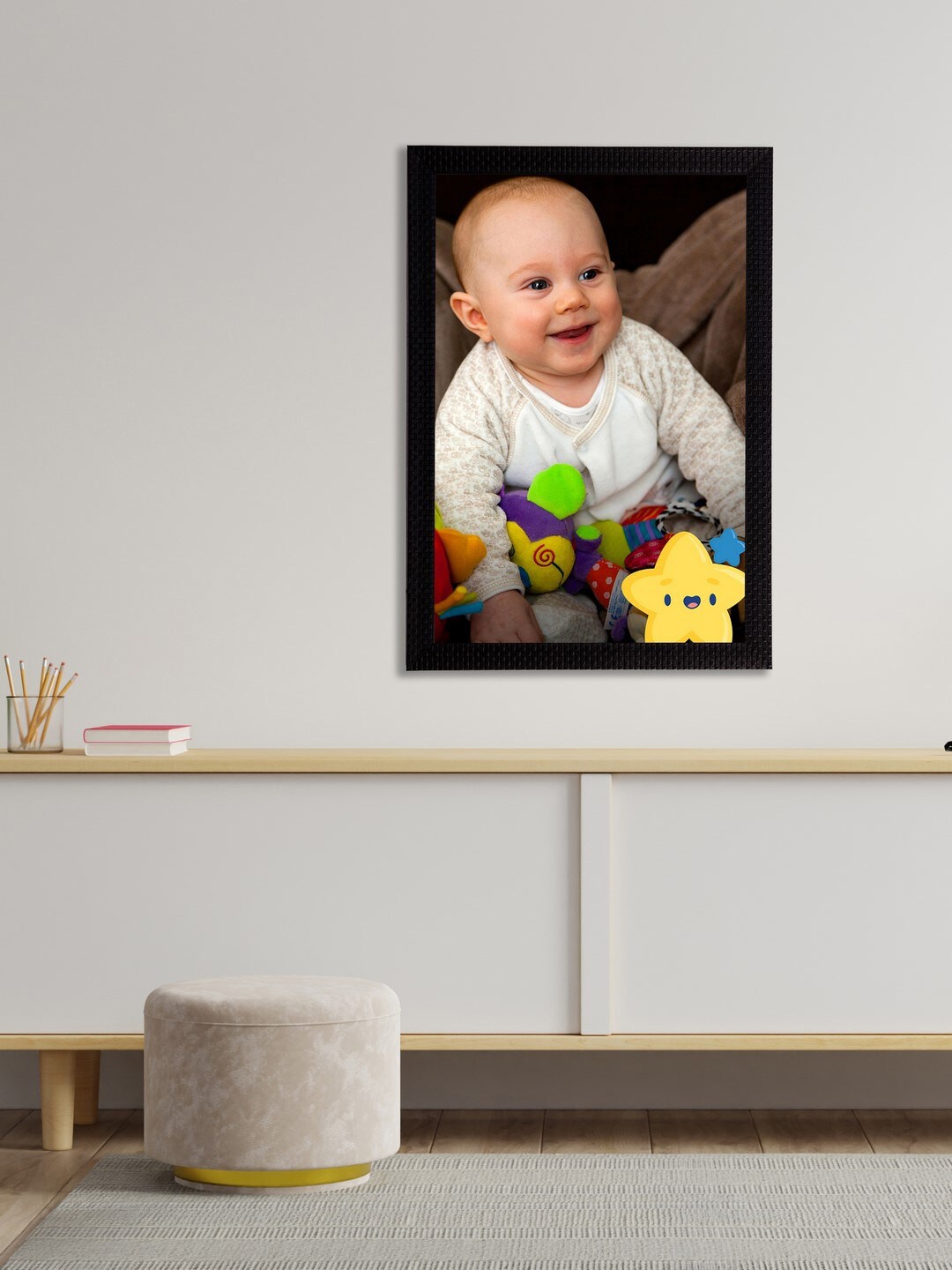 eCraftIndia White & Yellow Satin Matt Texture Baby Portrait UV Wall Art