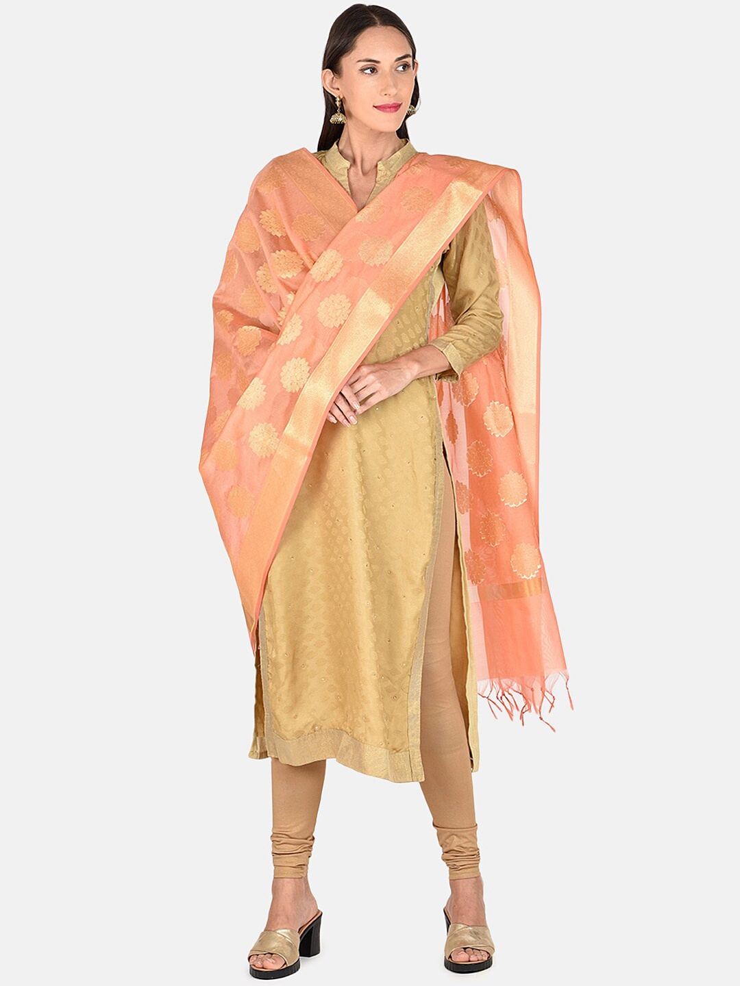 

Dupatta Bazaar Peach-Coloured & Gold-Toned Woven Design Dupatta