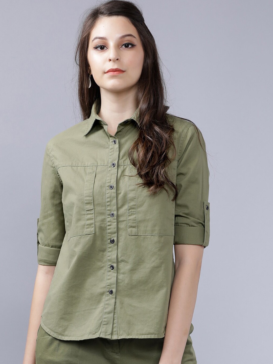 

Tokyo Talkies Women Olive Green Solid Casual Slim Fit Shirt