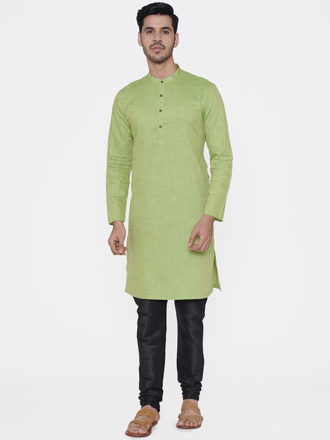 

Manyavar Men Green Striped Straight Kurta