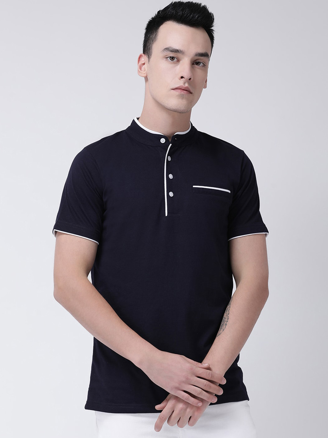 

GRACIT Men Navy Blue Solid Mandarin Collar T-shirt
