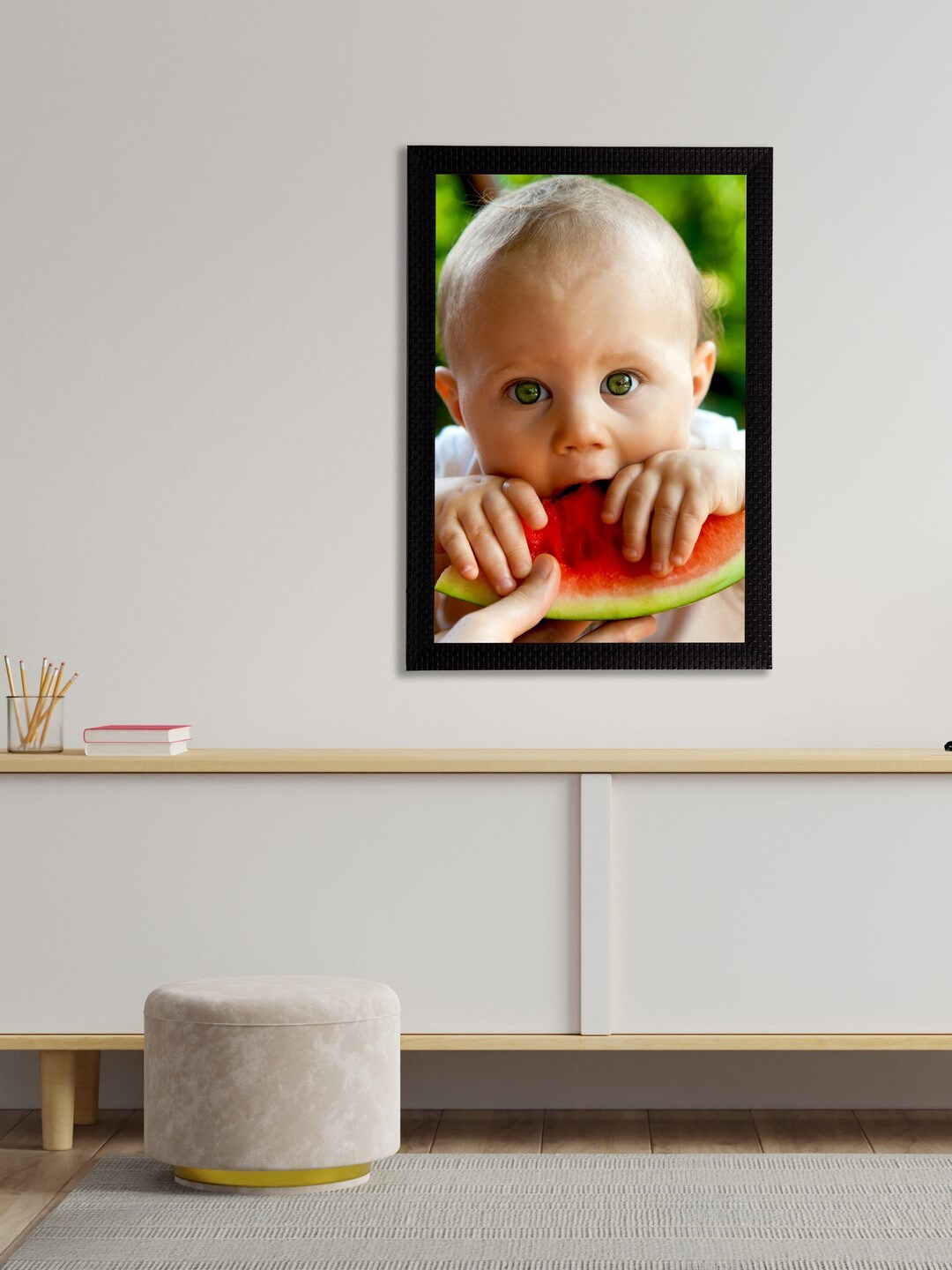 

eCraftIndia Black & White Cute Baby Satin Matt Textured UV Wall Art