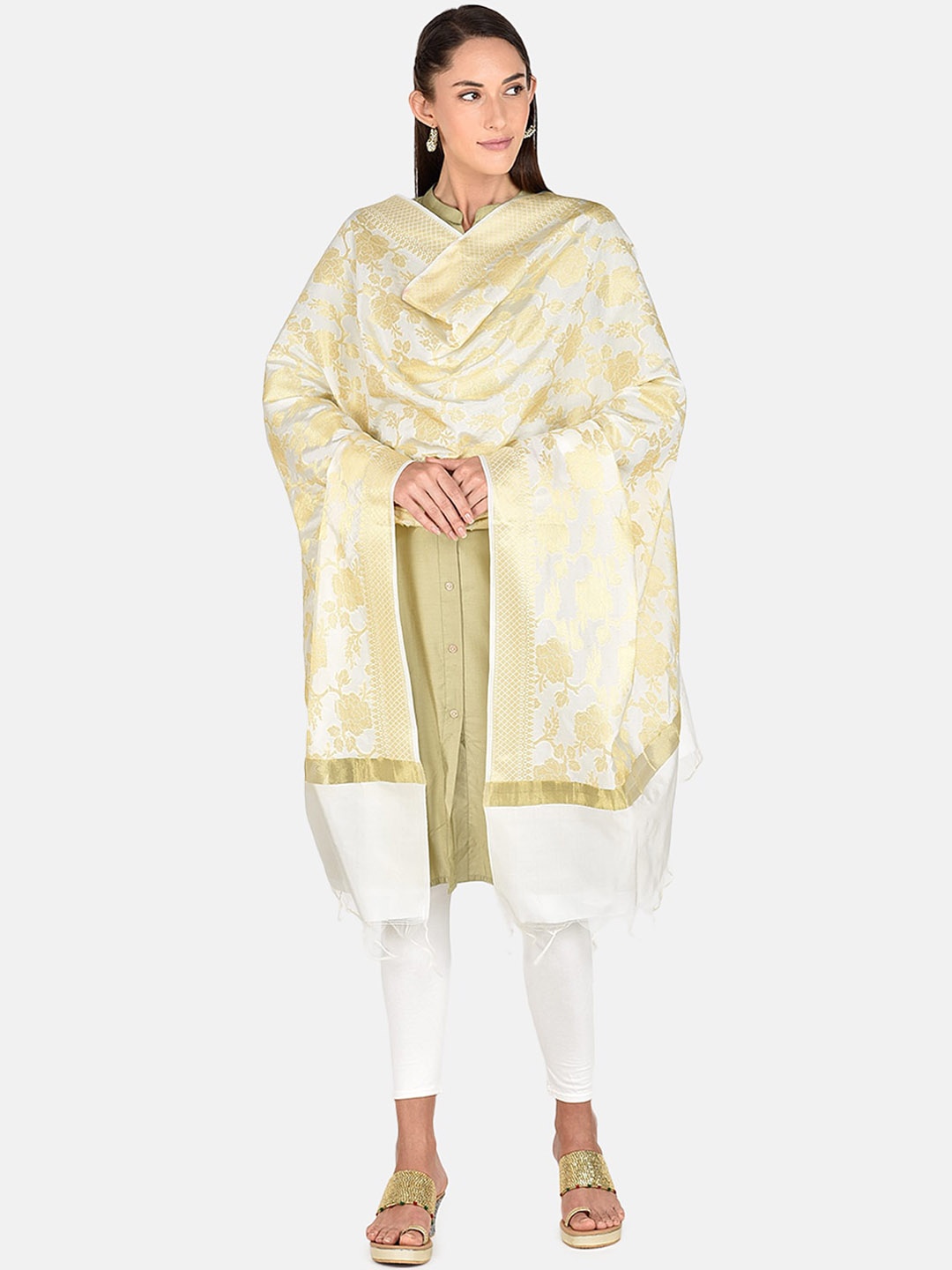 

Dupatta Bazaar White & Gold-Toned Woven Design Dupatta