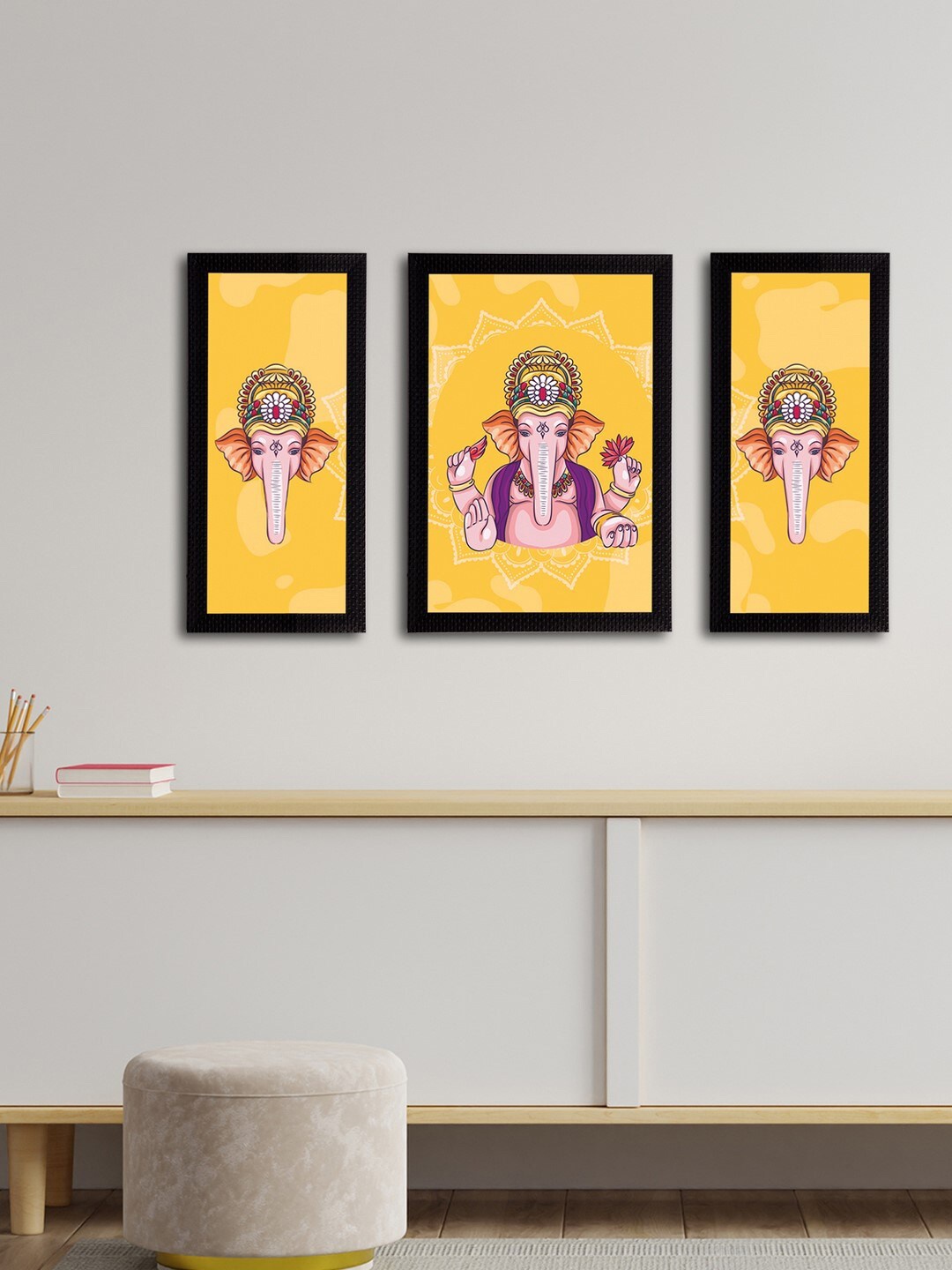 

eCraftIndia Set of 3 Lord Ganesha Satin Matt Texture UV Art Paintings, Yellow