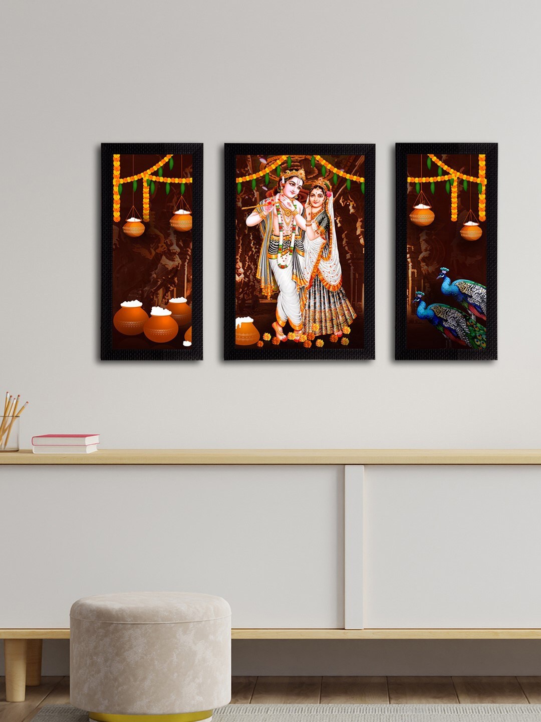 eCraftIndia Set Of 3 Brown & White Radha Krishna Satin Matt Texture UV Wall Arts