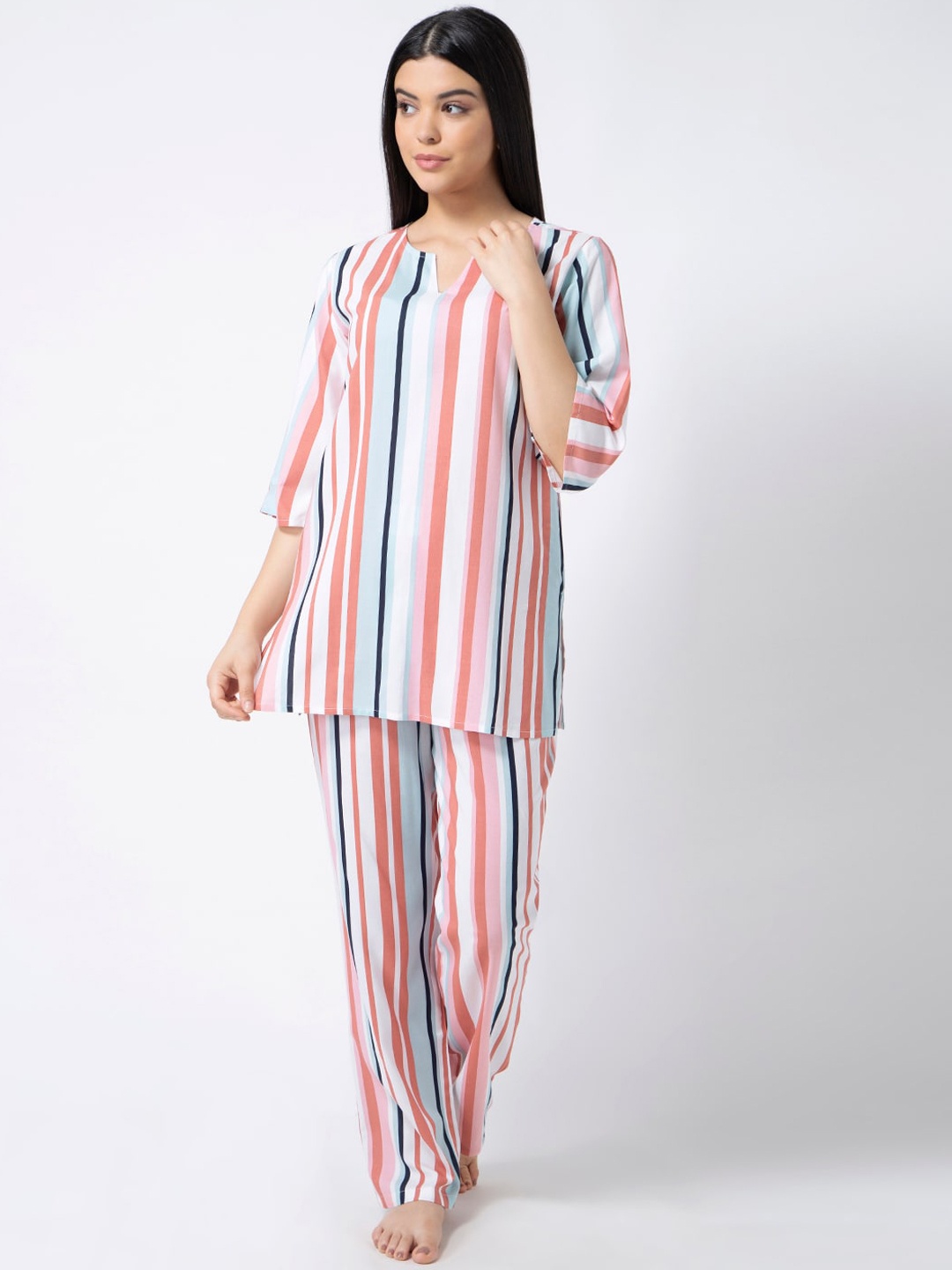 

ADORENITE Women Multicoloured Striped Night suit, Multi