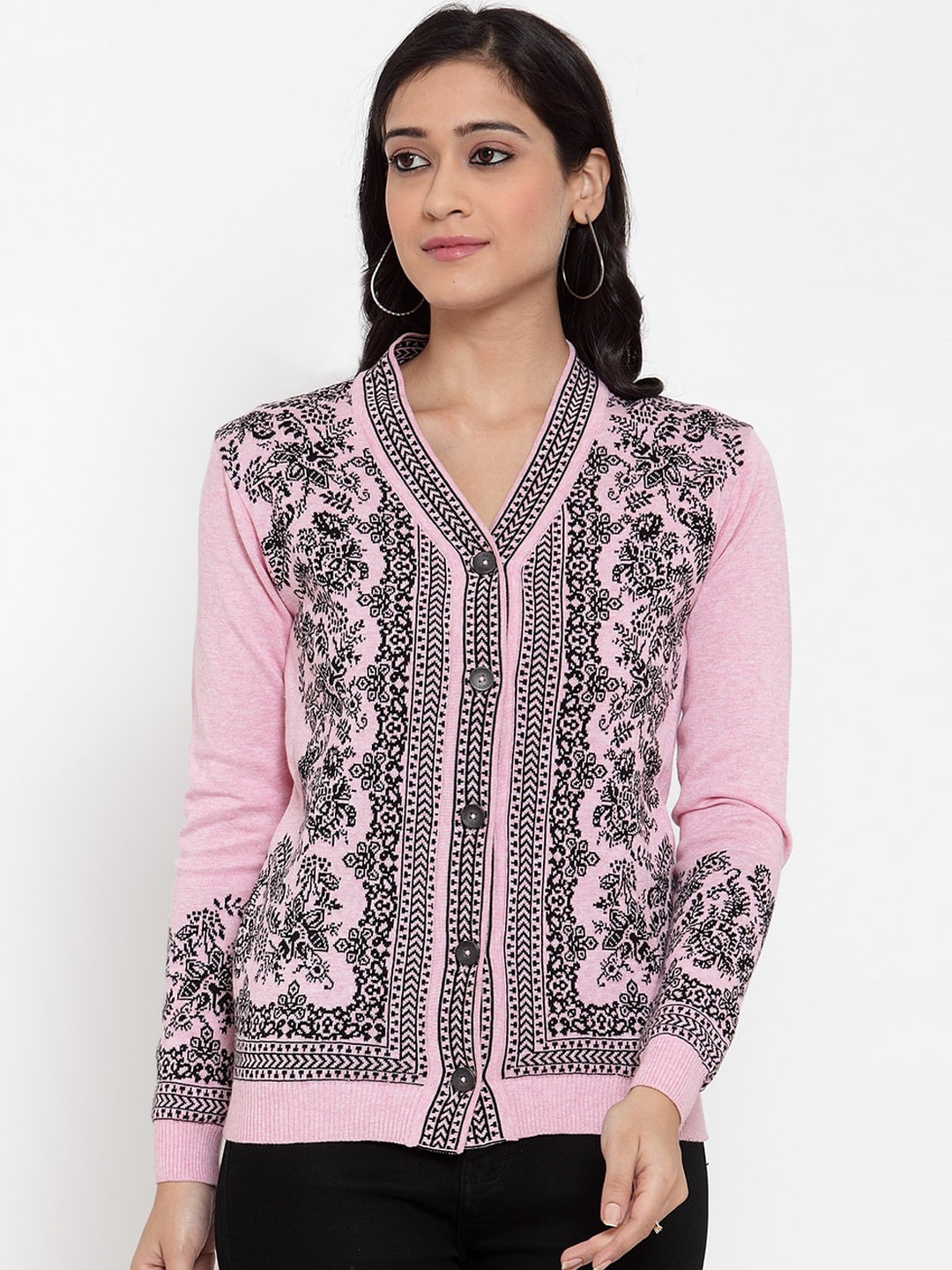 

Kalt Women Pink & Black Floral Embroidered Front-Open Sweater