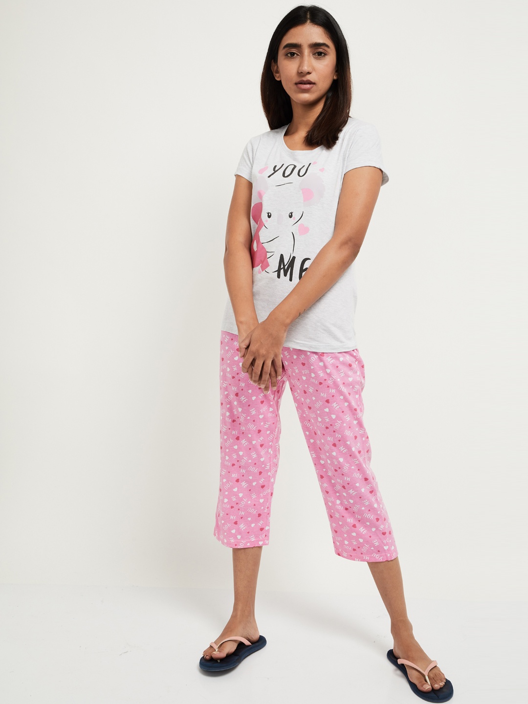 max Women Grey & Pink Printed Night suit