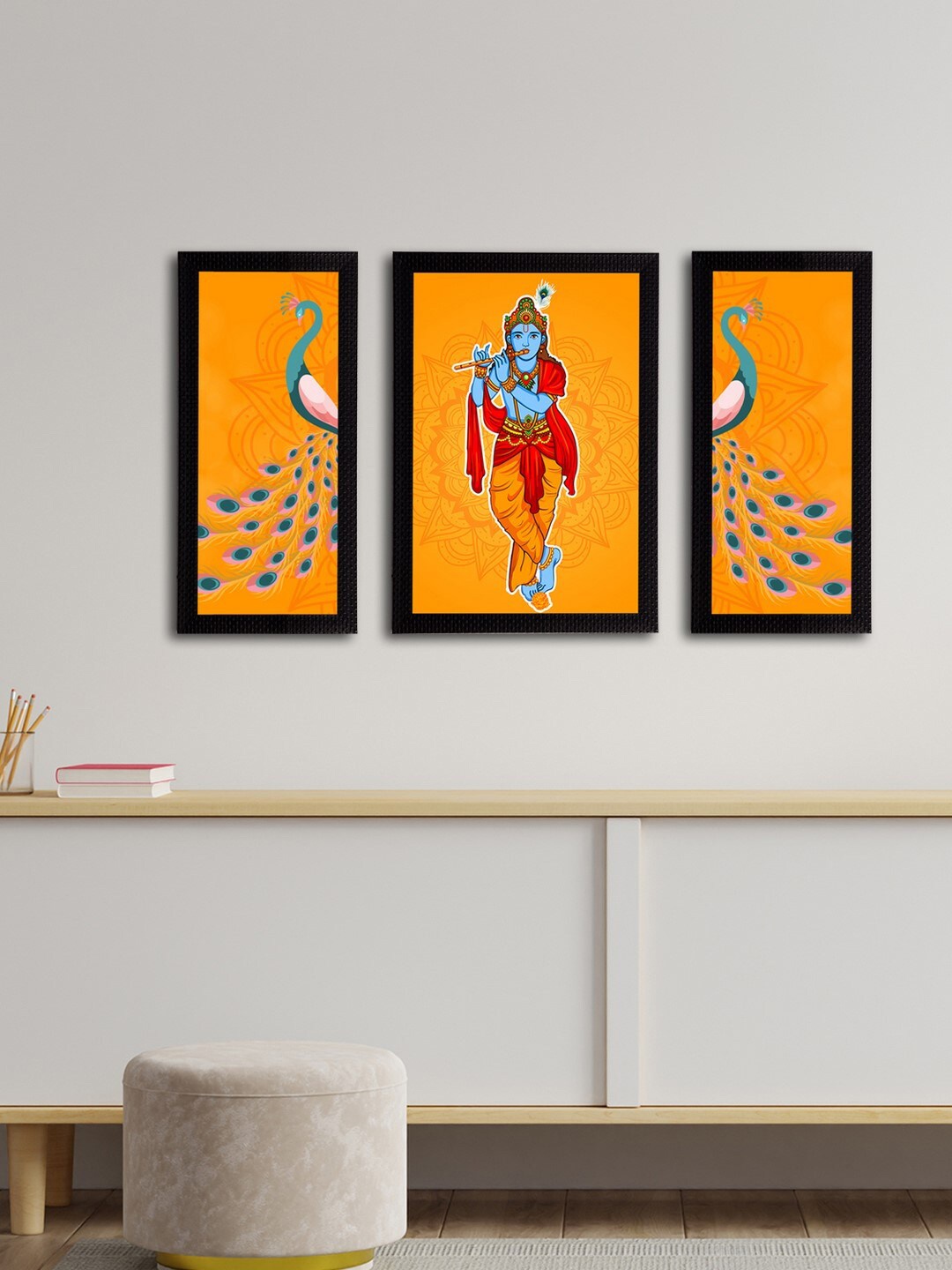 

eCraftIndia Set of 3 Orange & Blue Lord Krishna Satin Matt Textured UV Wall Arts
