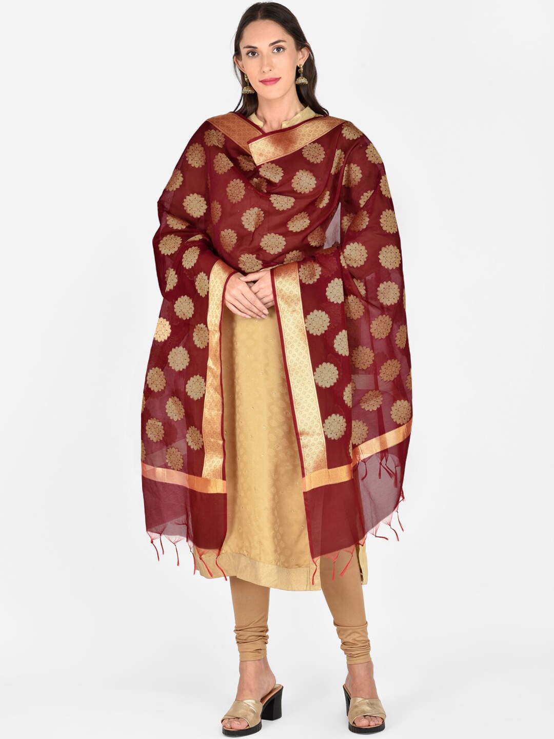 

Dupatta Bazaar Maroon & Gold-Toned Woven Design Dupatta