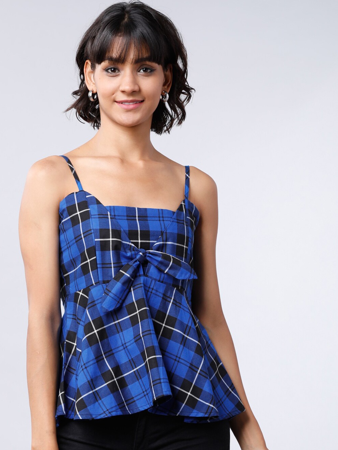 

Tokyo Talkies Women Blue & Black Checked Peplum Top