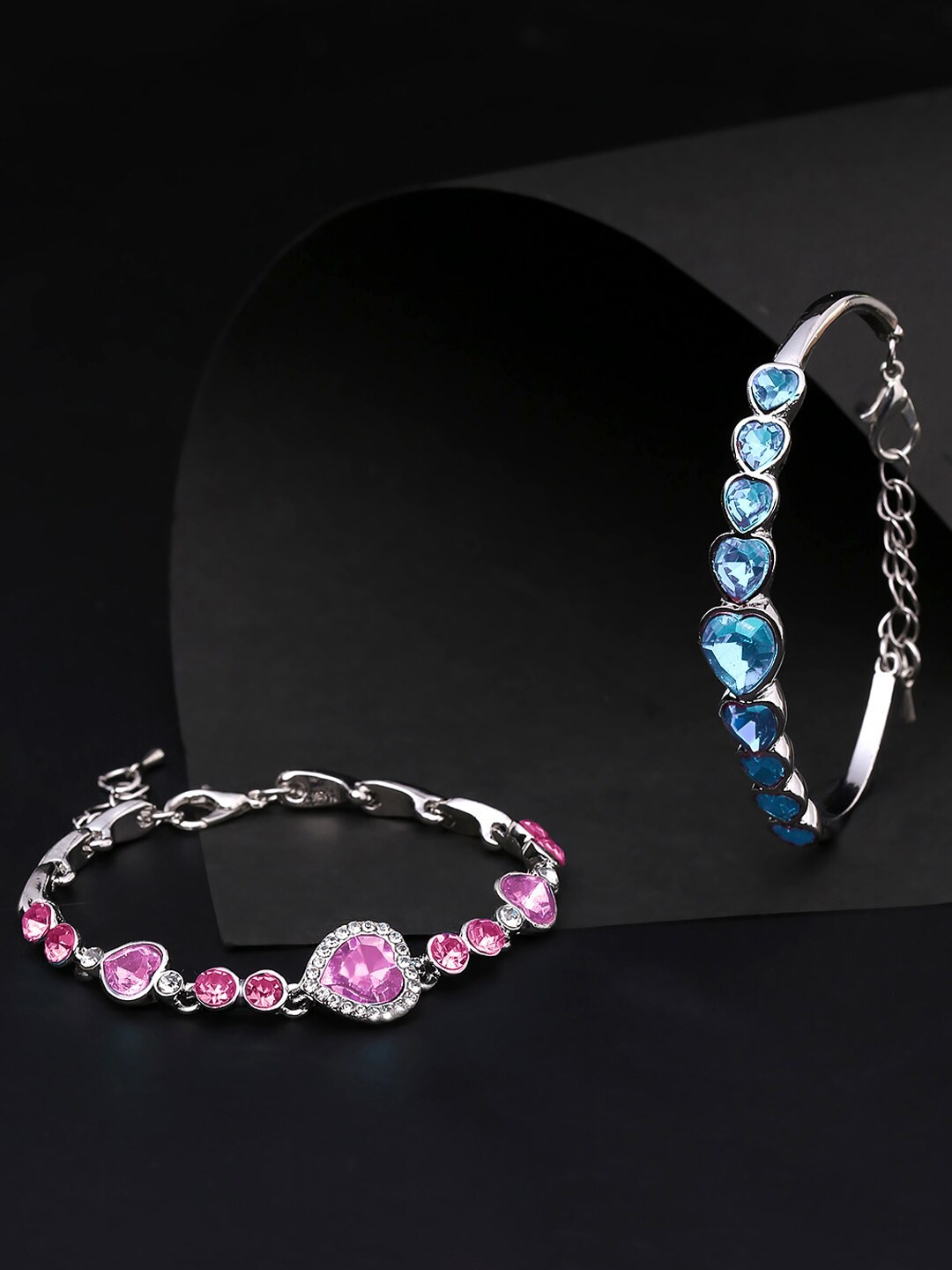 

Yellow Chimes Set of 2 Silver Plated Crystal Heart Charm Bracelet, Pink