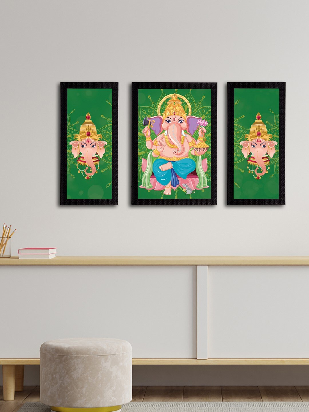 eCraftIndia Set of 3 Green & Pink Lord Ganesha Satin Matt Textured UV Wall Arts