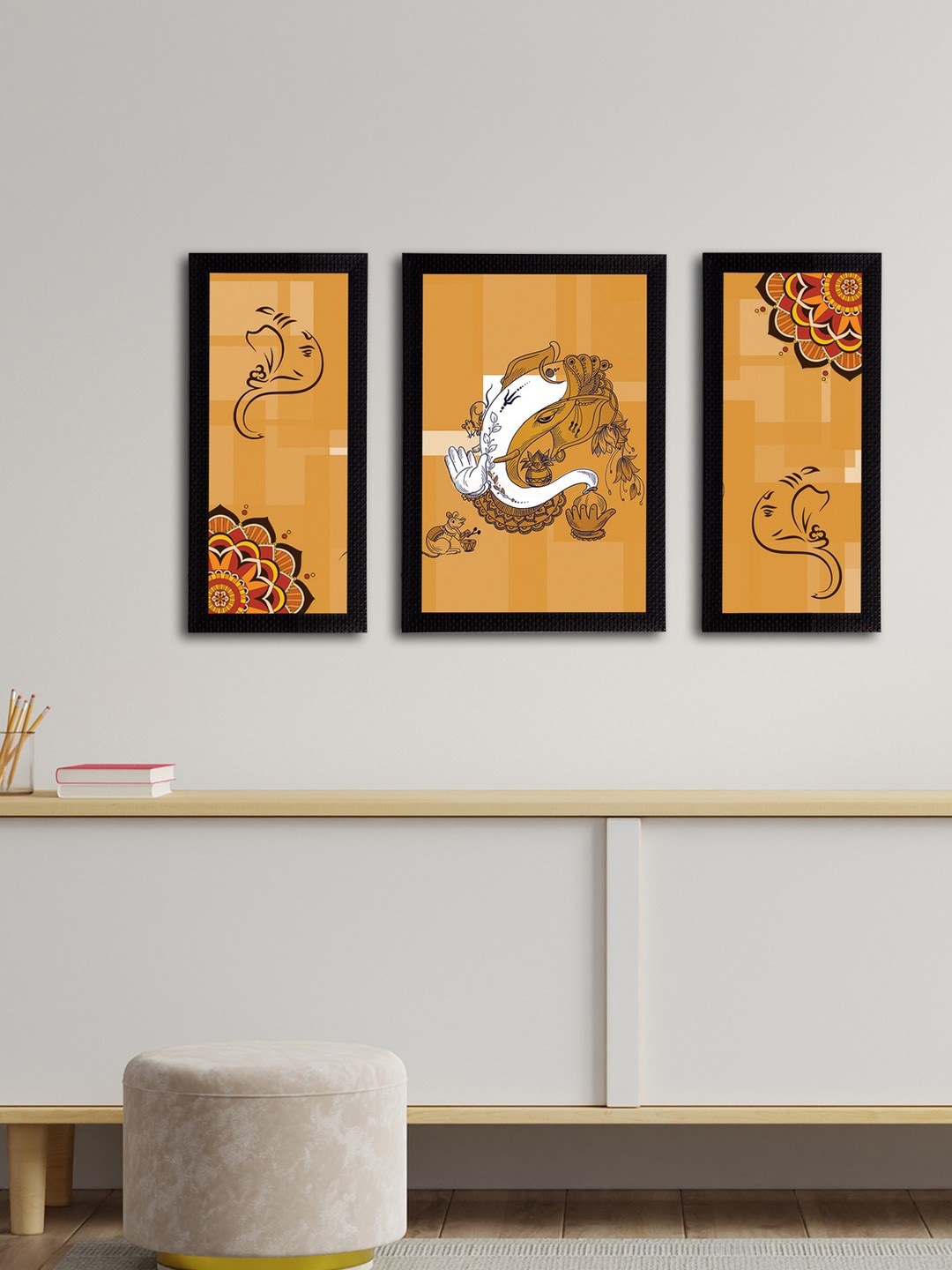 

eCraftIndia Set of 3 Mustard Orange & Brown Lord Ganesha Satin Matt Textured UV Wall Art
