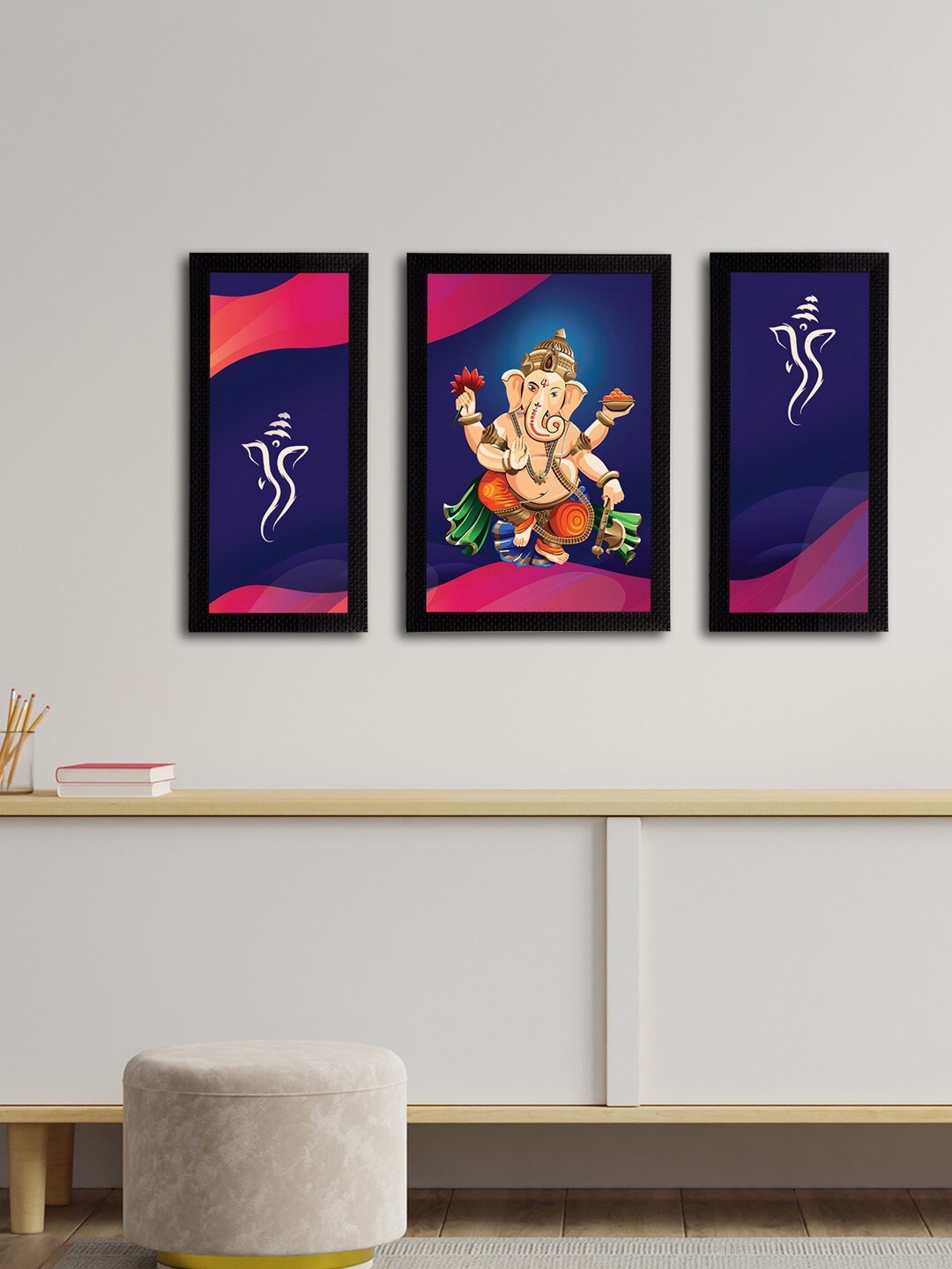 

eCraftIndia Set of 3 Blue & White Lord Ganesha Satin Matt Texture UV Art Paintings