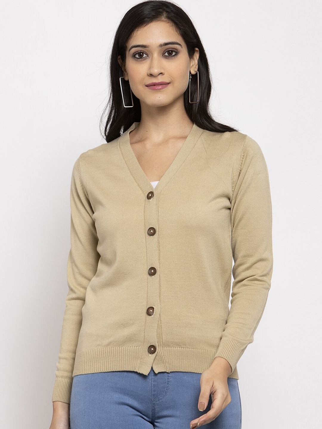 Kalt Women Beige Solid Cardigan Sweater