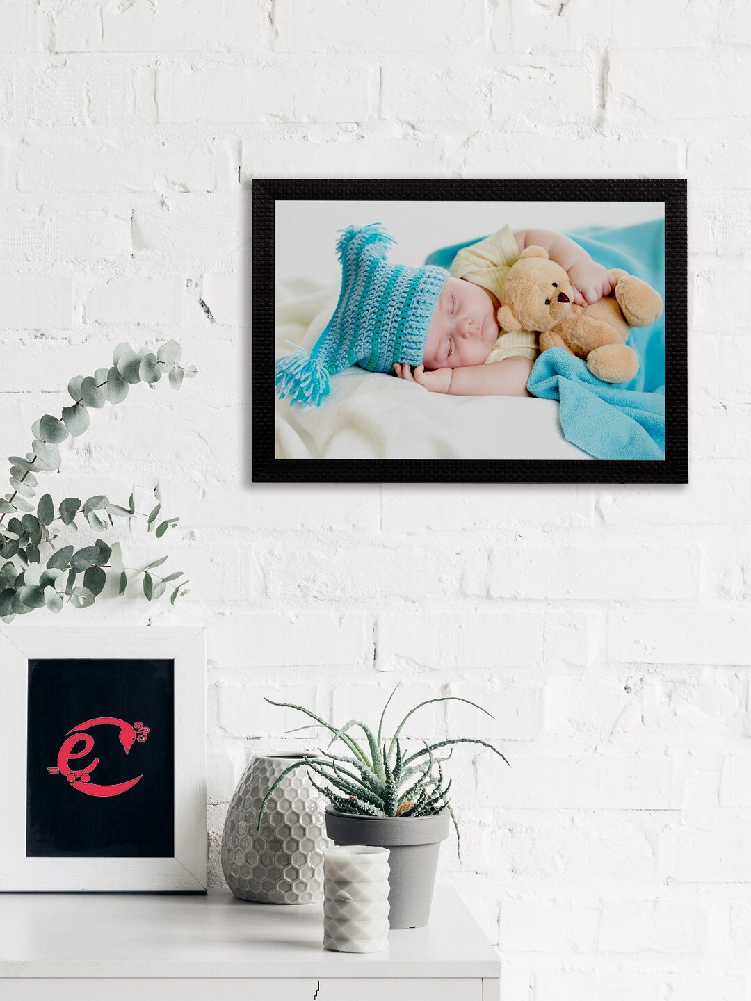 eCraftIndia Off-White & Blue Cute Baby Satin Matt Textured UV Wall Art