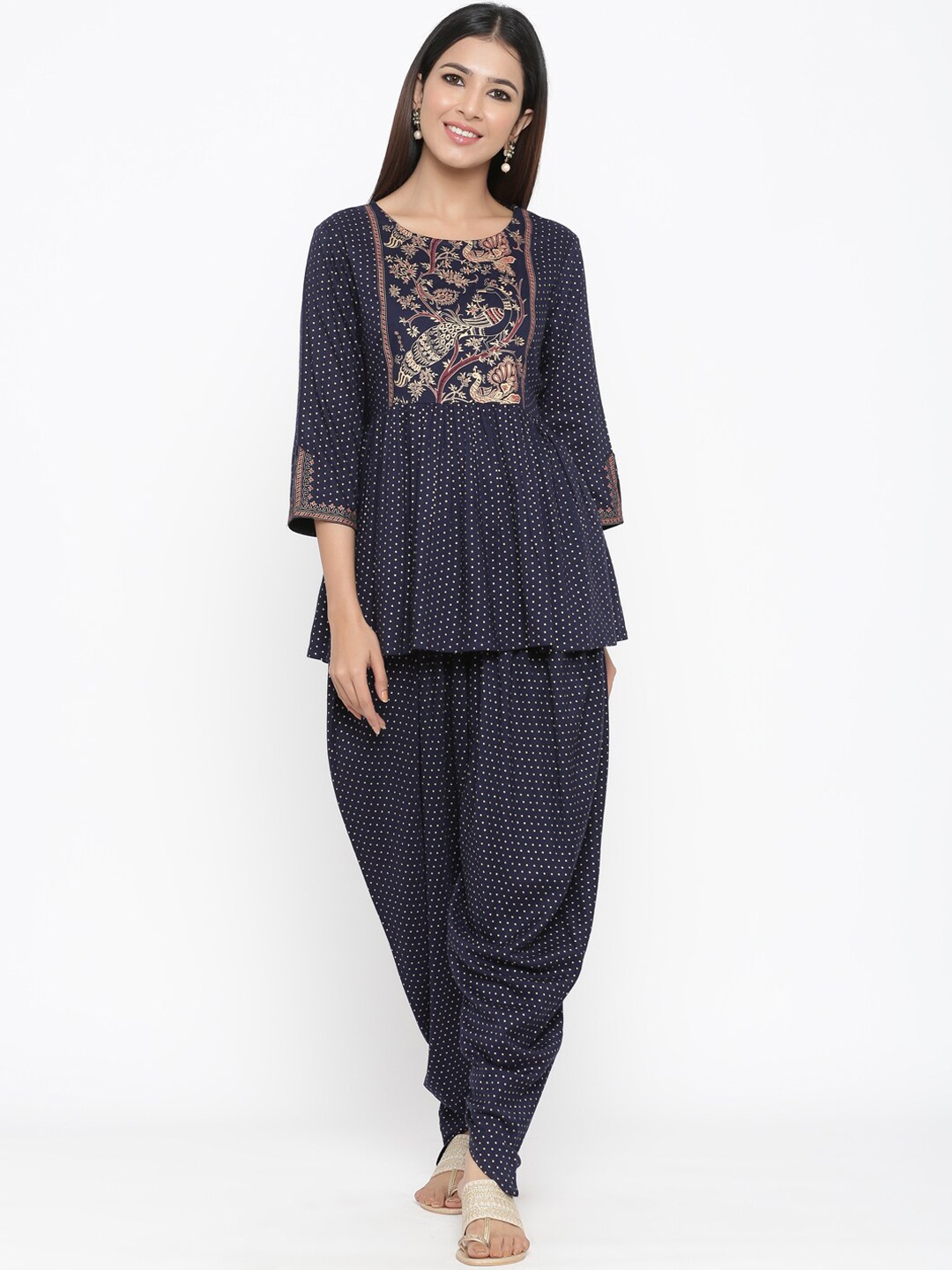 

Juniper Women Navy Blue & Gold-Coloured Printed Tunic with Dhoti Pants